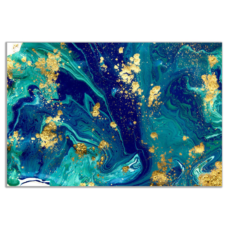 Blue Yellow Marbled Abstract - Wrapped Canvas Print, 20cm H x 31cm W