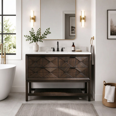 Meuble-lavabo autoportant en bois massif brun foncé 48 po avec plateau en marbre d'ingénierie