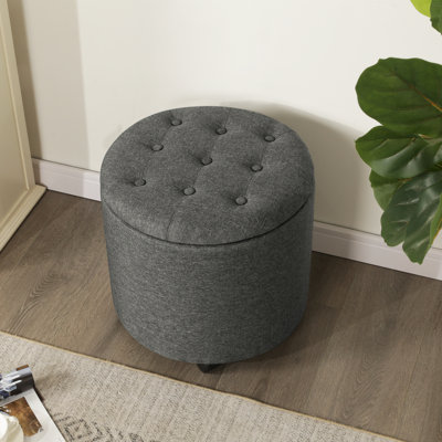 Round Upholstered Storage Ottoman With Tufted Lid And Casters