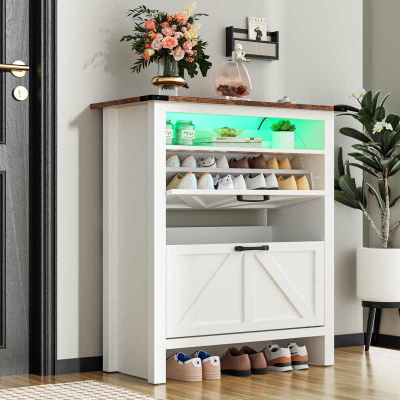 Kathlin 24 pairs Shoe Storage Cabinet With 2 Flip Drawers And Led Light