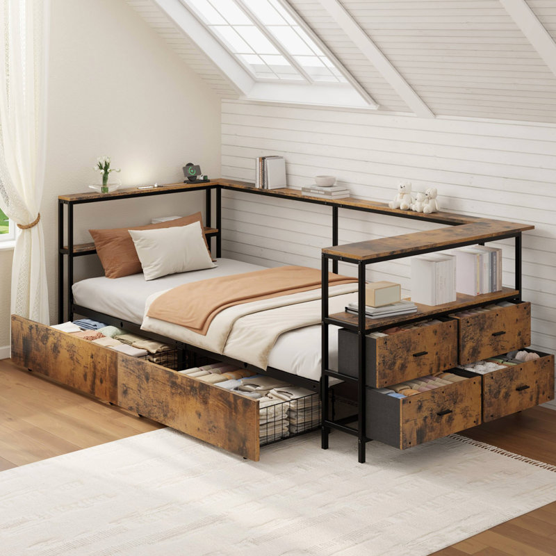 Cadre de lit d'angle en métal pour lit simple avec tiroirs de rangement, lit de jour simple pour enfants et adolescents, cadre de lit pour enfants
