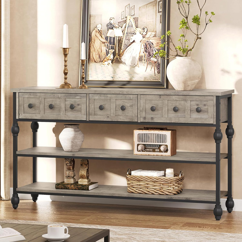 Table console 53 po, table d'entrée avec 3 tiroirs, table basse à 3 niveaux, Gris