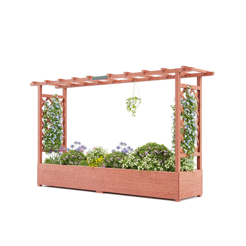 Wooden Elevated Garden Planter With Trellis, 44.88" H x 78.94" W x 17.32" D