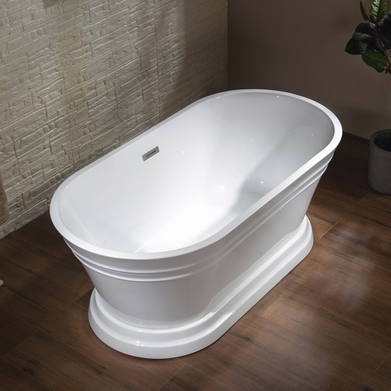 59" x 30" Freestanding Soaking Acrylic Bathtub with Pedestal, Double Ended, Non-Slip Design, White/Brushed Nickel