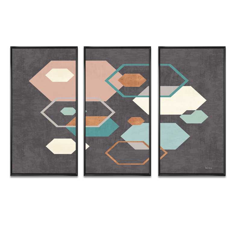 «Geometric Hexagons Pattern IV», ensemble d'art mural encadré moderne sur toile Mid-Century, H 20 po x l 36 po x P 1 po