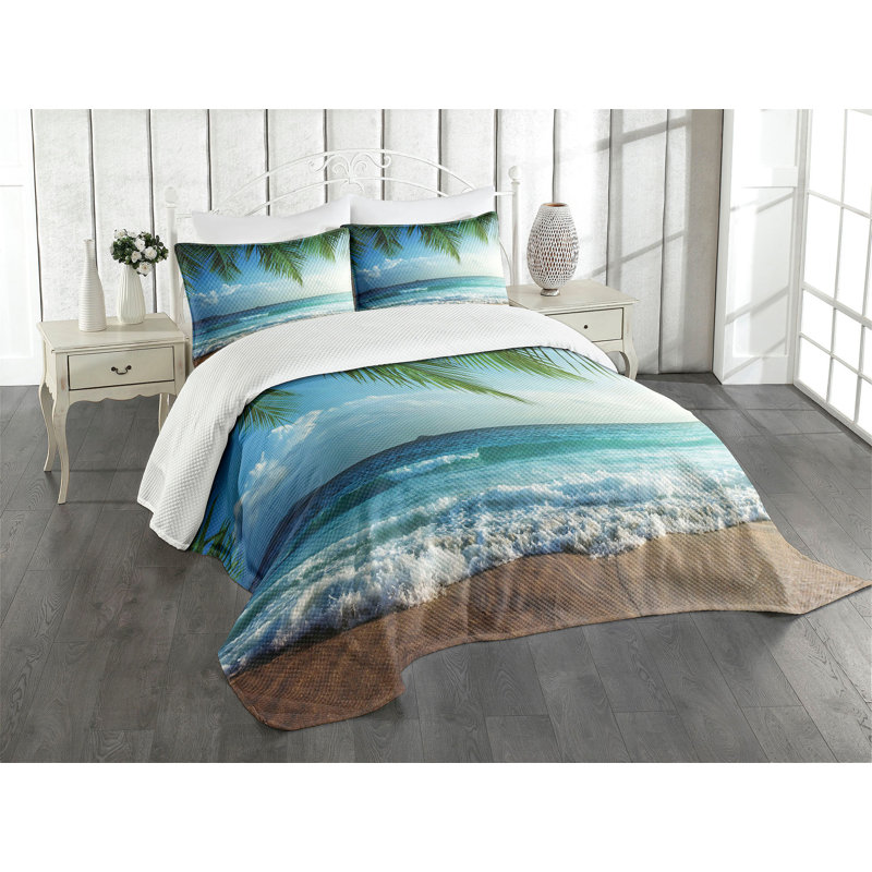 Ambesonne Ocean Bedspread Palms Tropical Island, Queen Bedspread + 2 Standard Shams