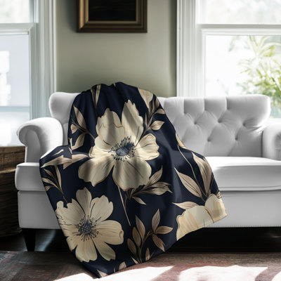 Sandy Navy Floral Array - 1 Piece Premium Sherpa B Throw Blanket