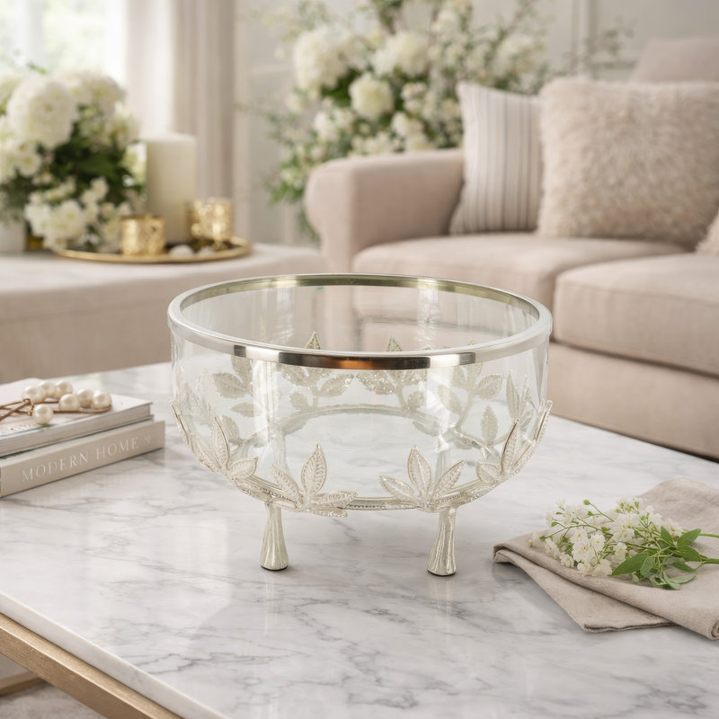 Dyna Bol de 13 pouces avec verre fin et support floral en aluminium argenté, élégant