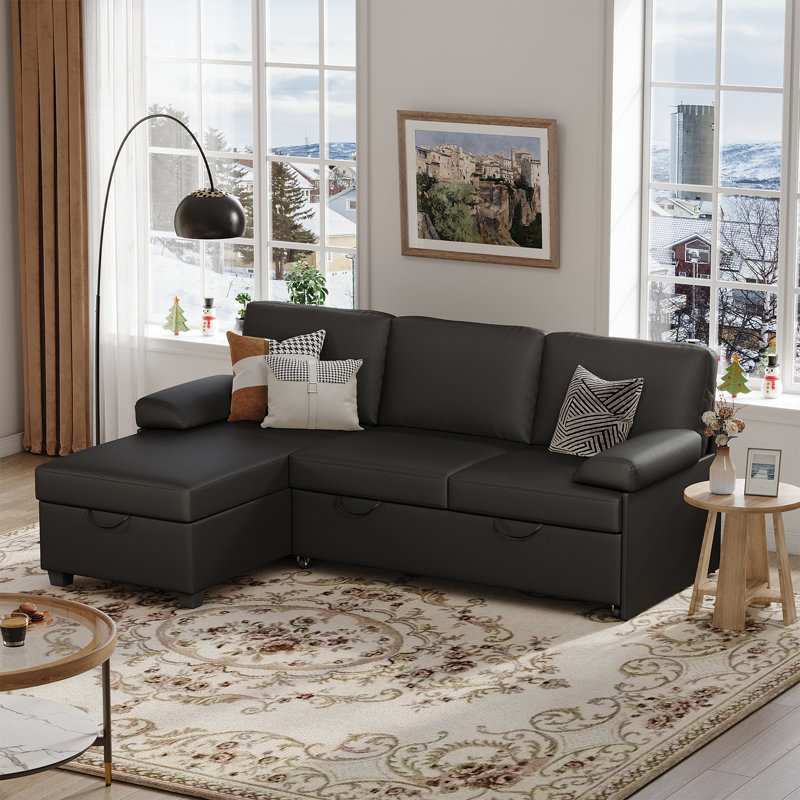 80" L-Shaped Sleeper Sectional Sofa with Pull-Out Bed and Storage Chaise, for Living Room Office, Black Faux Leather