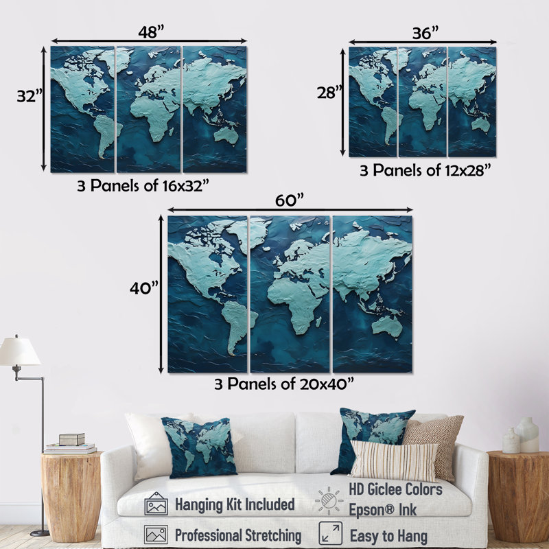 Carte du monde océanique ombrée - ensemble d'art mural carte du monde, H 28 po x l 36 po x P 1 po, Toile tendue