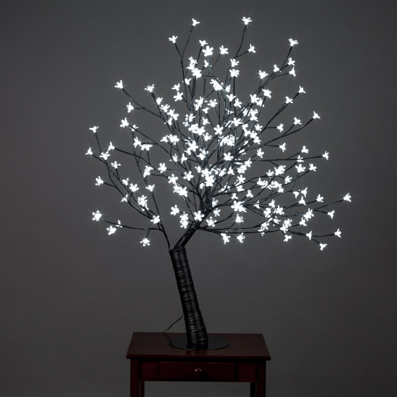 47.25in White Cherry Blossom Tree with LED Lights in Wooden Planter