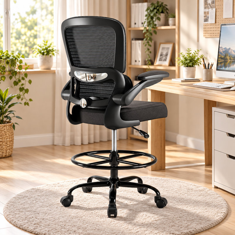 Chaise de dessin ergonomique réglable en hauteur avec soutien lombaire, chaise de bureau haute avec accoudoirs relevables, noire