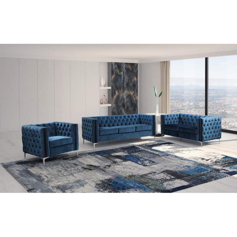 Virgil 3 - Piece Velvet Living Room Set, Navy Blue