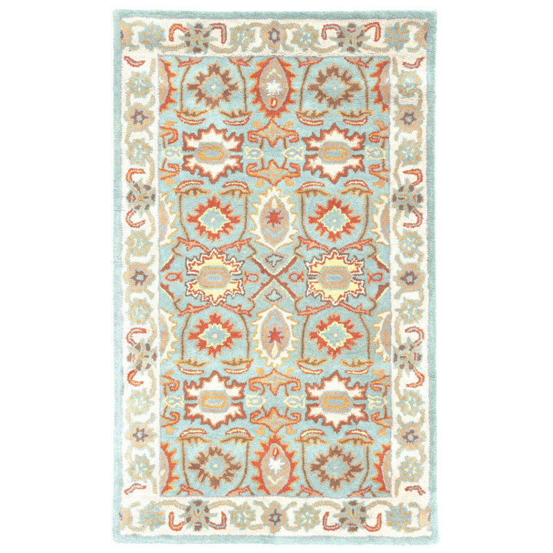 Tapis oriental bleu clair en laine touffeté à la main Chaim, Rectangle 4 pi x 6 pi