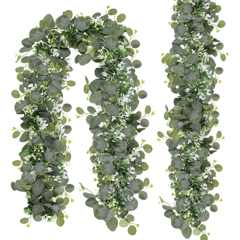 Paquet de 2 guirlandes d'eucalyptus artificiel avec fleurs, guirlande de 6 pi de verdure pour manteau de mariage