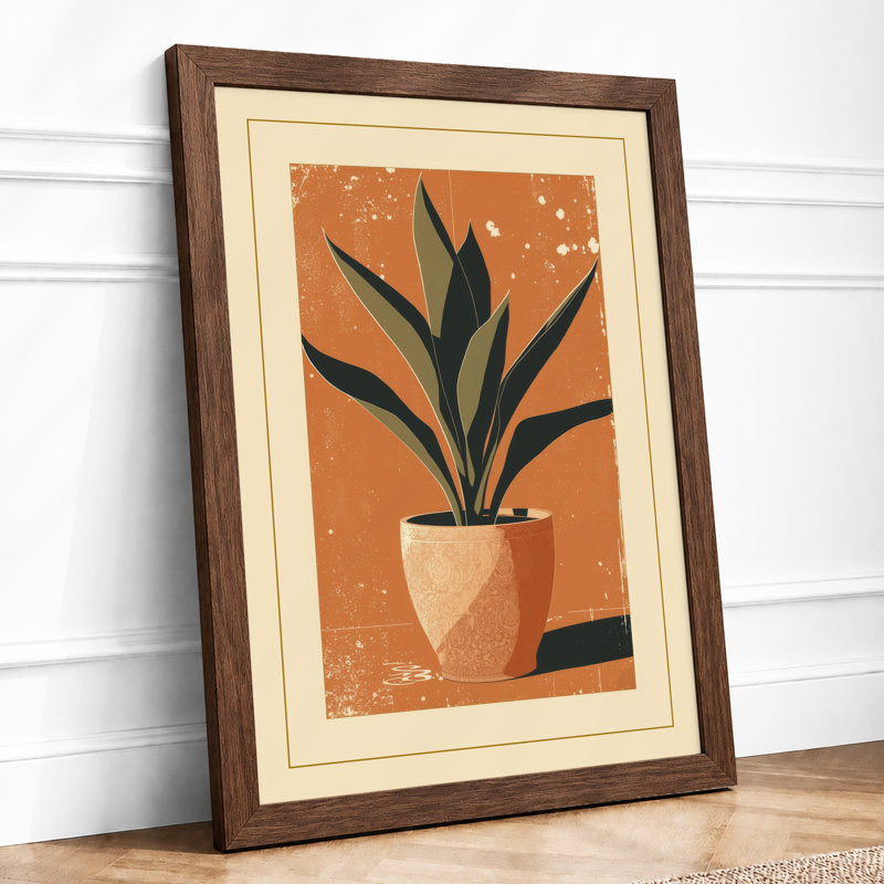 Potted Plant Geometric Botanical - Framed Print, A2 - 59.4 x 42.0 cm, Walnut
