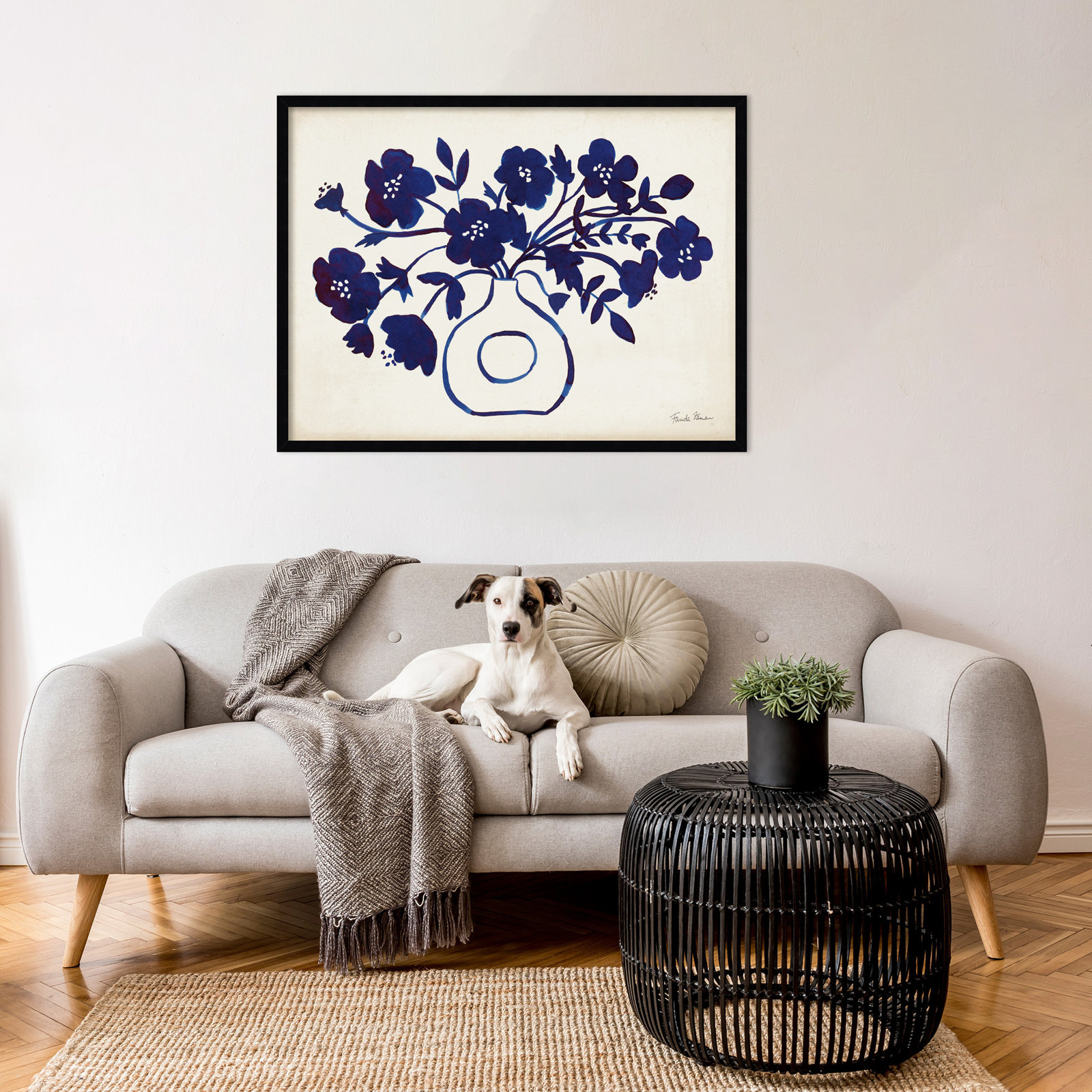 Modern Blue Vase II Print by Farida Zaman, Black, 25" H x 33" W x 1" D