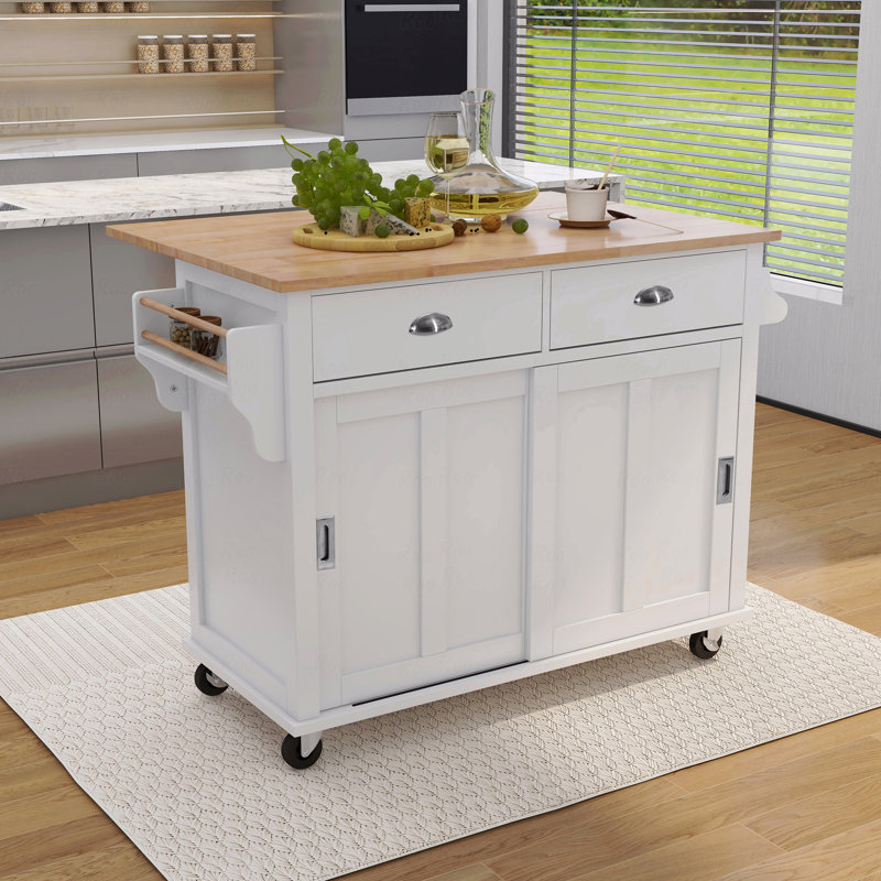 Chariot de cuisine avec comptoir à abattants en bois d'hévéa, porte de grange coulissante dissimulée à hauteur réglable, îlot de cuisine sur 4 roues avec armoire de rangement et 2 tiroirs