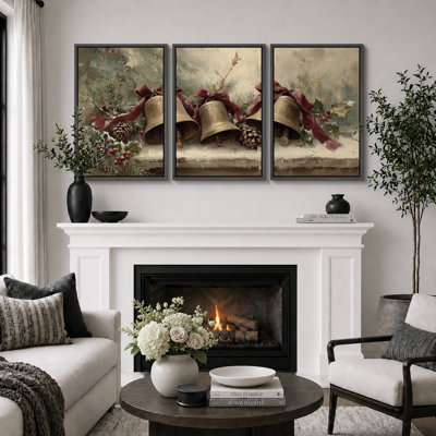 " Vintage Christmas Bells Artwork, Living Room Pictures, Framed Canvas Giclee Print 3 Pieces Wall Art - 16"x24"x3pcs, 24"x36"x3pcs "