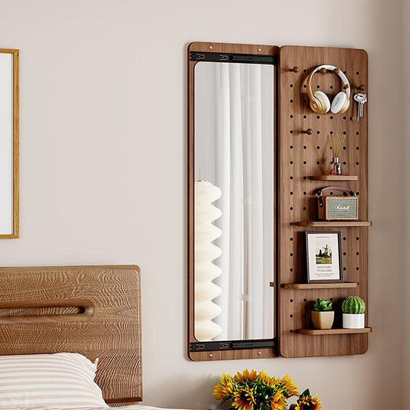Wall Mounted Full Length Mirror, Full Body Mirror With Shelf, Full Body Mirror With Hook Wall Mounted Mirror With Multifunctional Design Panel, Bedroom/Living Room/Entrance Walnut (47.6*15.7In)