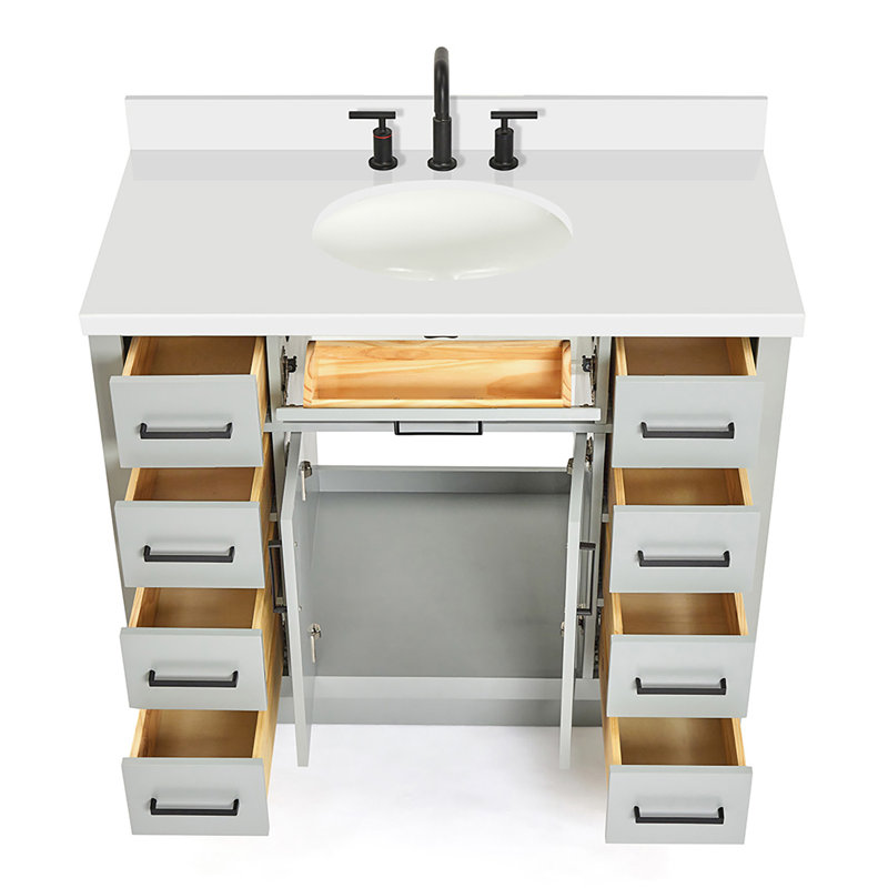Tidworth 42'' Solid Wood Single Bathroom Vanity with 1.5'' White Quartz Top, Gray / Matte Black, Oval