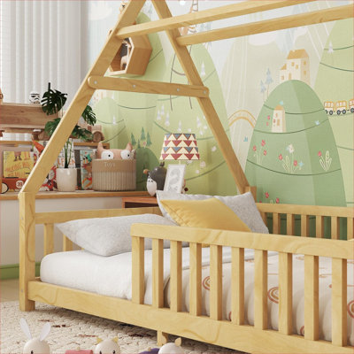 Lit pour enfant pleine grandeur fonctionnel Playful avec clôture de sécurité et lumière DEL, bois massif aux tons naturels