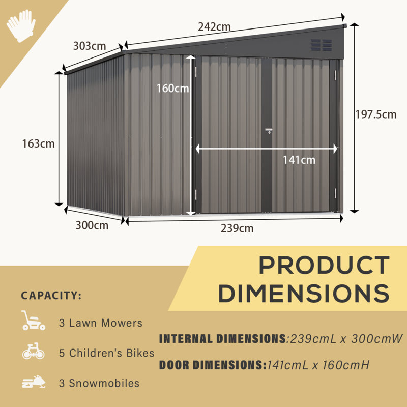 8 ft. W x 10 ft. D Metal Pent Storage Shed, Grey