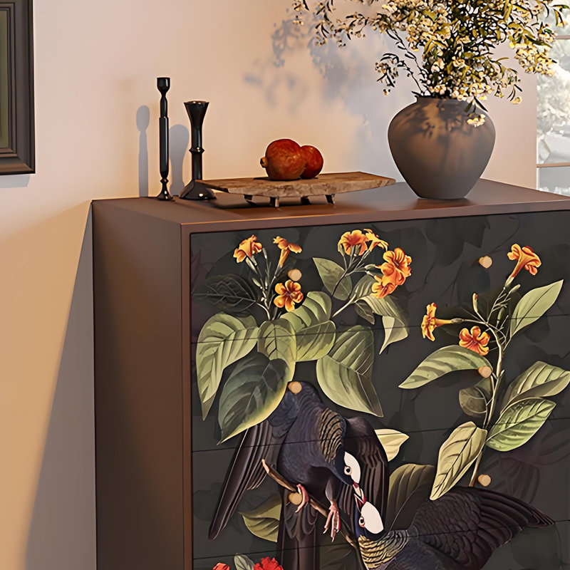 Armoire de rangement murale à 5 tiroirs Vintage Floral Bird, Noyer