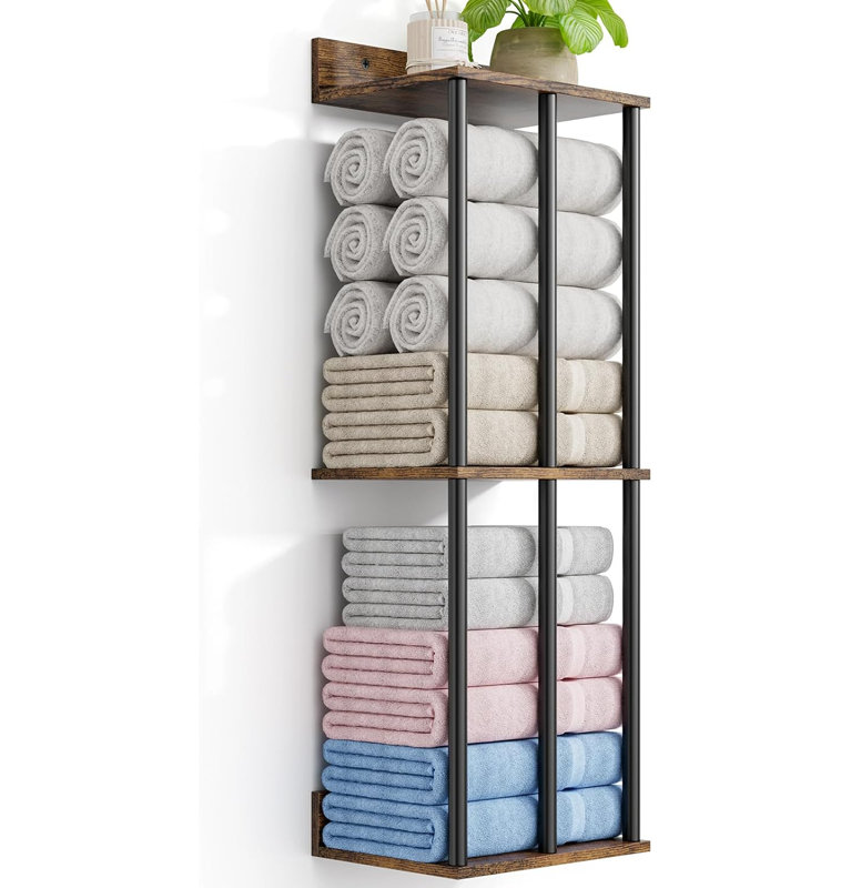 Porte-serviettes mural pour salle de bain avec tablette de rangement en bois, porte-serviettes en métal 3 barres