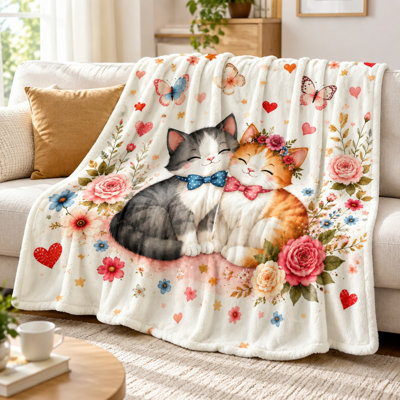 Cute Cat Floral Butterfly Pattern Plush Throw Blanket for Sofa Couch Bedroom Living Room Home Decoration