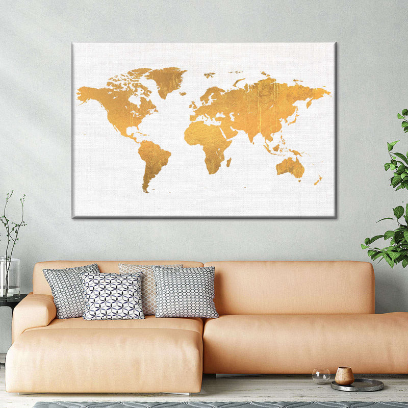 " Light Gold World Map " by Enchanté Designs, 8" H x 12" W x 1" D