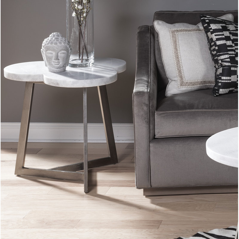 Venetian White Marble and Silver Iron Triangular End Table
