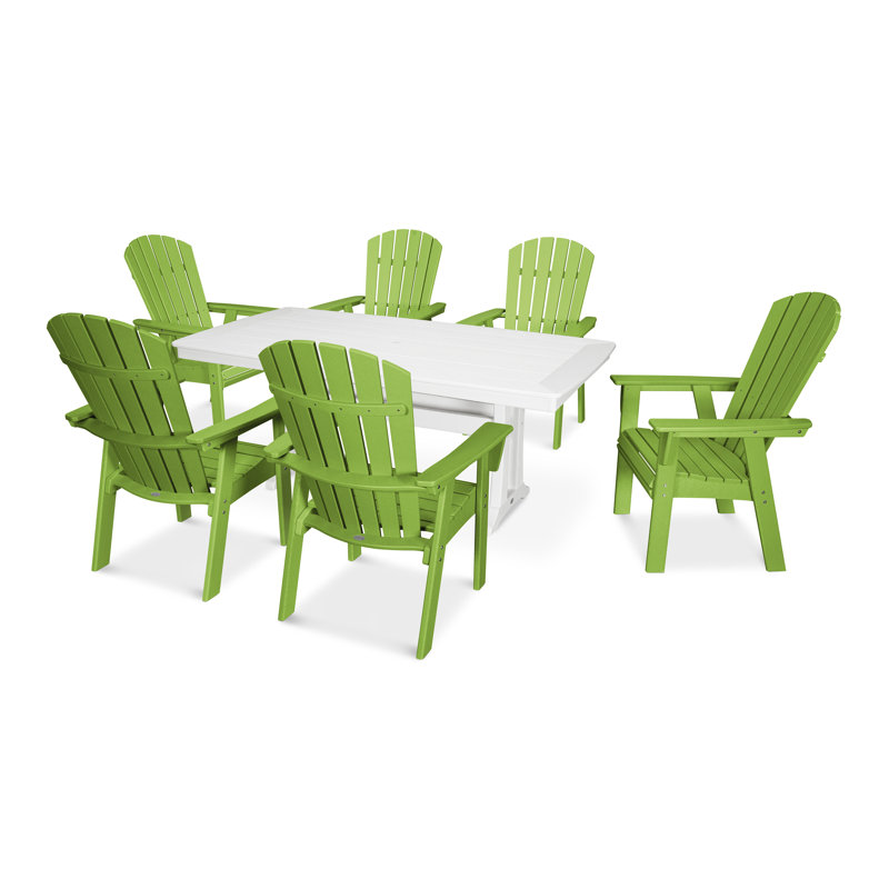 POLYWOOD Nautical Adirondack 9-Piece Trestle Dining Set, Lime/White, 9 Pieces: Table, 8 Chairs
