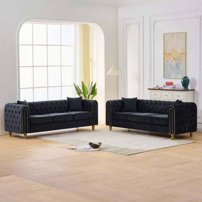 Modern 3+3 Seater Loveseat Sofa With Button Tufting, Rolled Arms, Gold Legs, And Premium Velvet Upholstery For Comfort And Elegance.