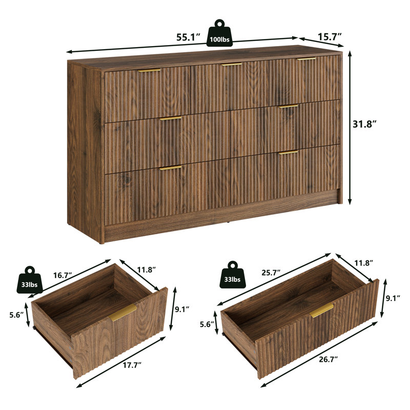 Modern Fluted 7-Drawer Dresser, 55" Wide Bedroom Chest