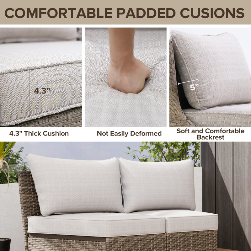 Beige Wicker 4-Person Armless Outdoor Patio Chair Set with Cushions