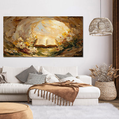 Illustration de Pâques par Timuba - Art mural sur toile à thème chrétien avec tombeau rougeoyant, décoration murale de photos religieuses pour salon ou église, cadre en pin de Pâques sur toile, 16 x 32 pouces