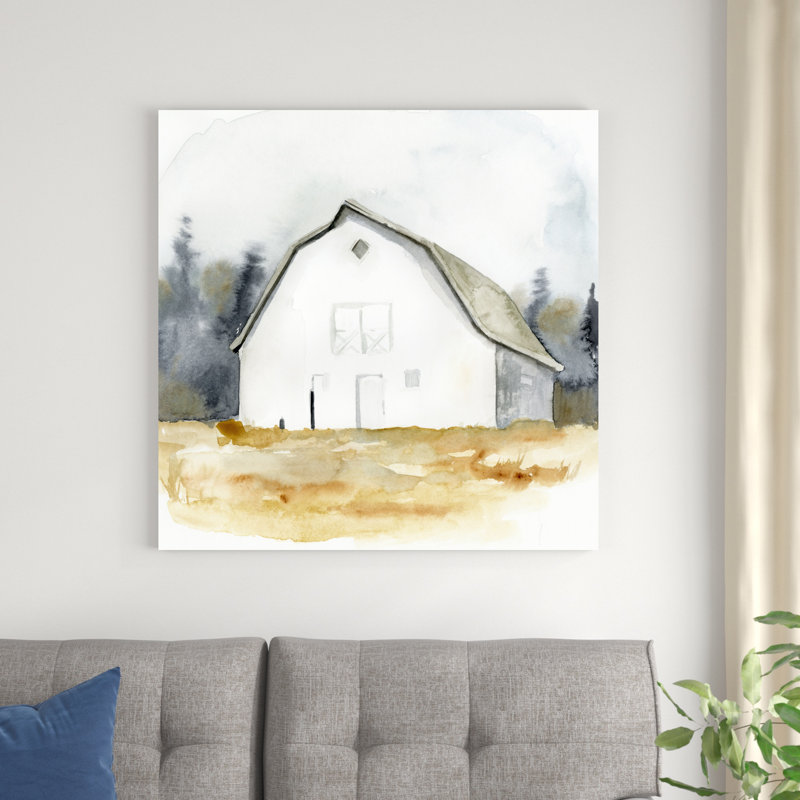 «White Barn Watercolor III» par Victoria Barnes - Peinture, H 36 po x l 36 po, Toile tendue, Non