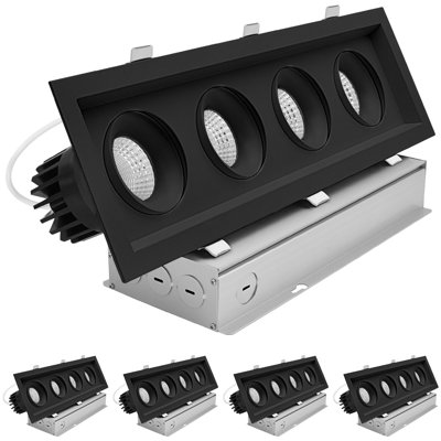 LUXRITE 4-Head Rectangle Black Regressed Gimbal LED Recessed Spotlight, 360° + 15° Swivel, 5CCT, CRI90, 60W 4000LM, 60°, Dual Dimmable IC & Wet 4 Pack