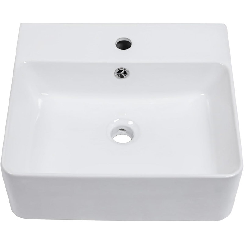 Modern Wall-Mounted Rectangular Ceramic Bathroom Sink With High-Gloss Finish And Overflow Hole