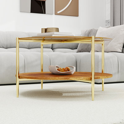 Table basse ronde moderne dorée double couche + verre trempé + rangement et décoration