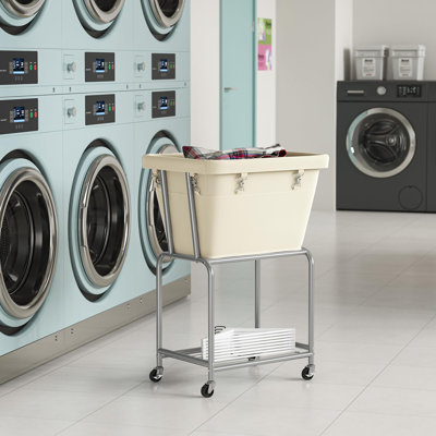 Chariot à linge sur roulettes, panier à linge roulant avec sac et tablette amovibles, panier à linge avec cadre en métal avec 4 roulettes et 2 freins, idéal pour la chambre à coucher, la salle de bain, la salle de lavage, la crème
