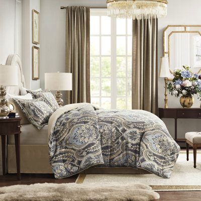 4 Piece King Comforter Collection - Blue/Grey, Chenille Texture, Luxury Bedding Blue/Grey Zipper, Soft Texture