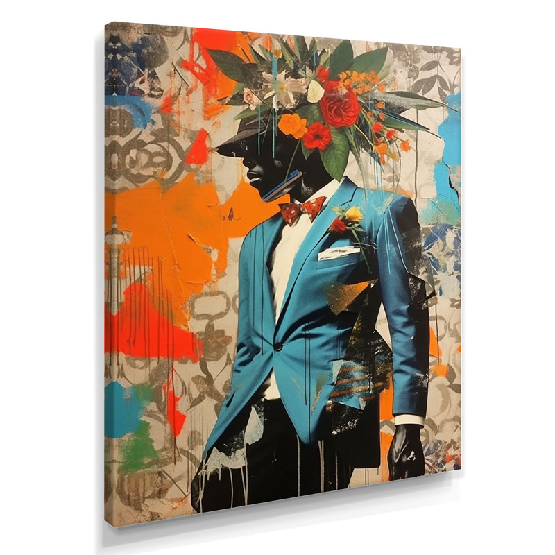 «Flower Man With suit Collage - Fashion Man», art mural, Toile tendue, H 40 po x l 30 po x P 1,5 po
