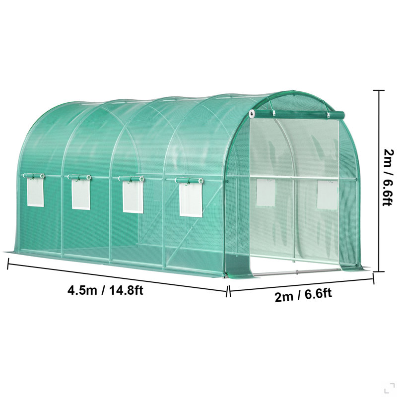 Walk-In Tunnel Greenhouse, 14.8 X 6.6 X 6.6 Ft Portable Plant Hot House W/ Galvanized Steel Hoops, 1 Top Beam, Diagonal Poles, Zippered Door & 8 Roll-Up Windows