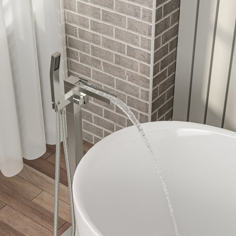 Freestanding Bathtub Faucet, 360 Waterfall Spout And Detachable Handheld, Dual Control, Brushed Nickel On Brass Faucet With Rotatable Hand Shower,