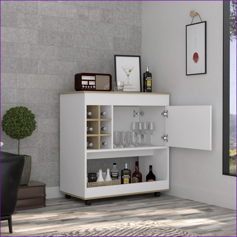 Chariot-bar avec 6 casiers à bouteilles, armoire et amp; Roulettes, finition chêne clair / blanc cassé | Chêne clair | Panneau de particules