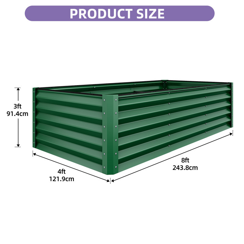 Galvanized Raised Garden Bed With Gloves, 36" H x 96" W x 48" D, Green