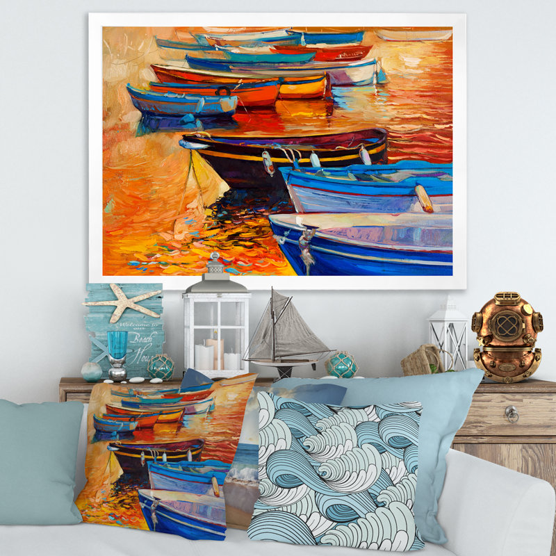 Bateaux dans le port au coucher du soleil chaud - Peinture sur toile, H 12 po x l 20 po x p 1 po, Cadre blanc