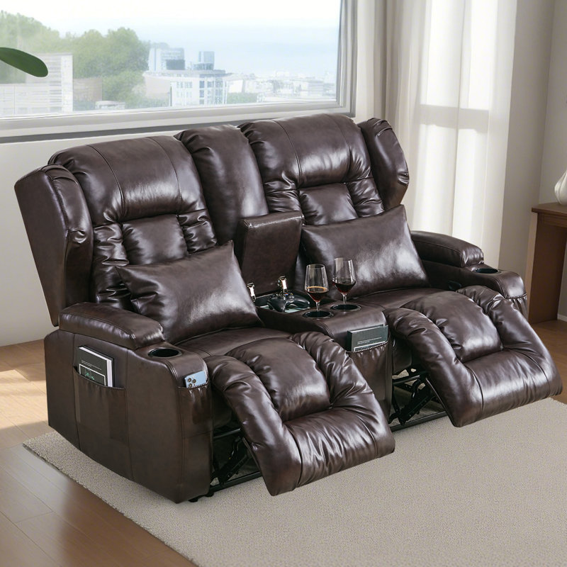 Causeuse inclinable en similicuir avec console et canapé inclinable manuel, Similicuir brun / rouge